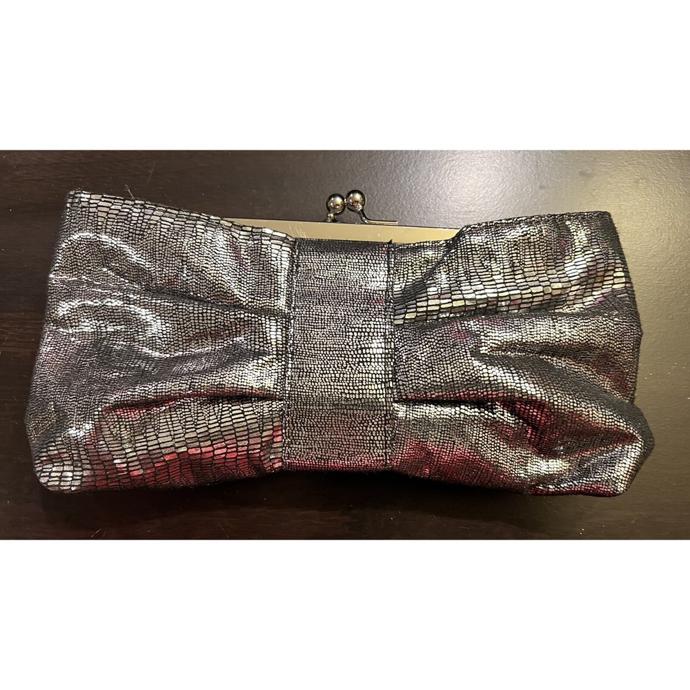 New Retro Rockabilly Pinup Silver Faux Snake Skin Bow Purse w Ball Kiss Lock
